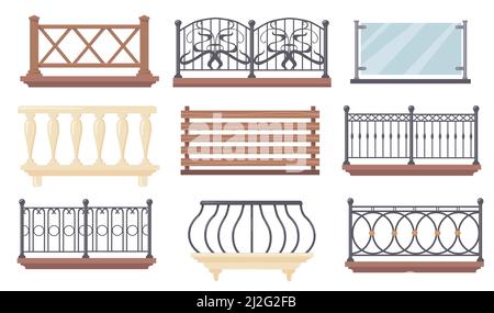 Vintage and modern balcony railings vector illustrations set. Iron, wooden or glass fences with balusters, banisters for terrace isolated on white bac Stock Vector