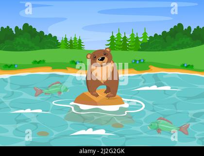 Wild grizzly bear fishing in river. Cartoon vector illustration. Cute wild brown bear standing on stone in streaming river and hunting for fish. Natur Stock Vector