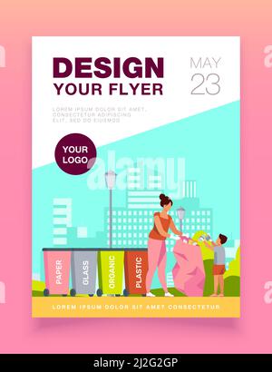 Woman and kid sorting garbage. People holding trash bag near different bins flat vector illustration. Waste sorting, trash collection concept for bann Stock Vector