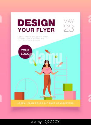Woman balancing and juggling with skittles and balls. Gym, circus, juggler flat vector illustration. Performance and training concept for banner, webs Stock Vector