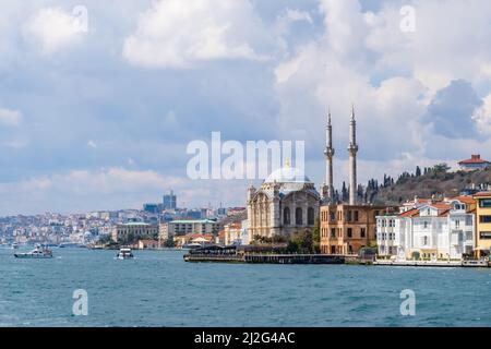 Ortakoy Mosque on bank of Bosphorus, Istanbul Turkey Stock Photo