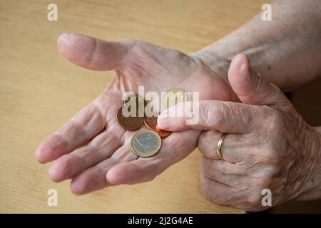 Couple of euro coins in elderly senior woman hand as if she's counting them Stock Photo