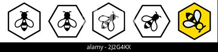 Simple honey bee icon inside hexagon, multiple version Stock Vector