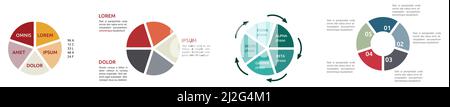 Circle divided in five equal parts, different versions - infographics element Stock Vector