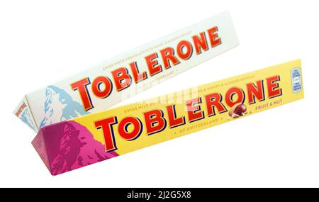 Hamburg, Germany - March 14  2022:  Two various Toblerone Swiss chocolates and package isolated against white background Stock Photo