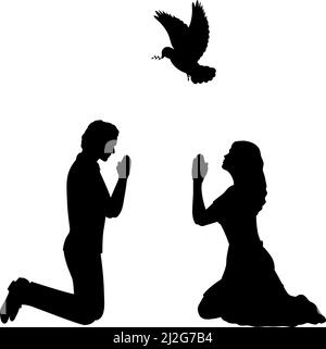 Silhouettes of man and woman pray for peace. I Stock Vector