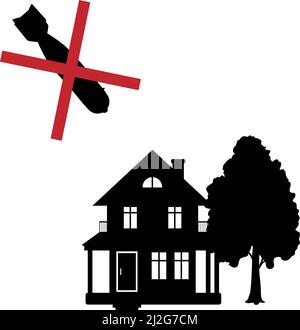 Silhouette of bomb flies into house. NO WAR. Stock Vector