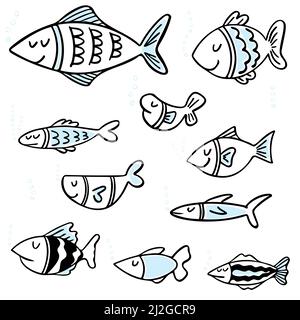 Set of black and white fishes in doodle ink style. Hand drawn illustration Stock Vector