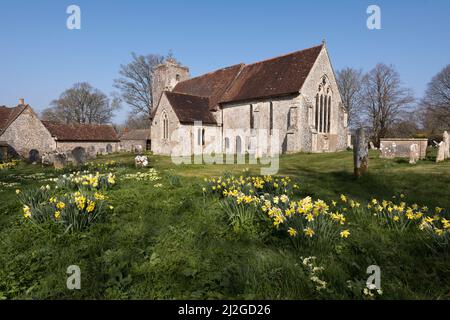 Springtime, St Michael and All Angels parish church in the village of Chalton, Hampshire, UK.
