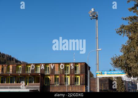 Davos, Switzerland, March 23, 2022 Facade of the sports center building on a sunny day Stock Photo