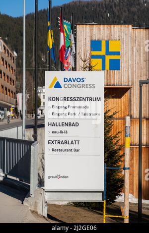 Davos, Switzerland, March 23, 2022 Plate with information in front of the congress center in the city Stock Photo