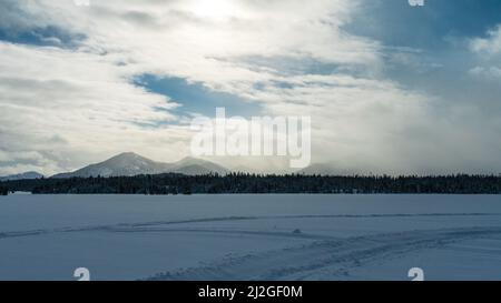 Snowmobile tracks through snow in Sawtooth National Recreation Area, Idaho Stock Photo