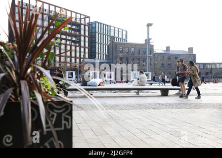 A bright early spring day on Granary Square at Kings Cross, in north London, UK Stock Photo