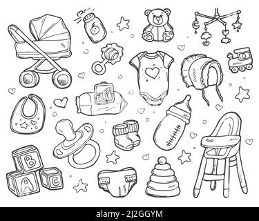 Doodle Baby Nursery Icons Set. Vector New Born sketch. Stock Vector