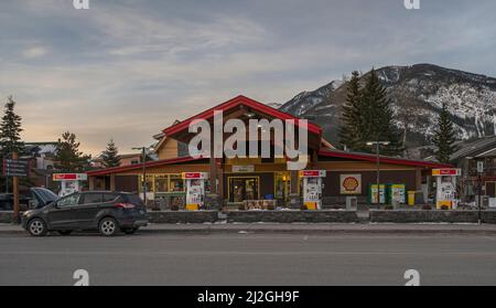 Banff, Alberta, Canada – March 30, 2022:  Exterior view of the “Shell” service station in the town’s downtown Stock Photo