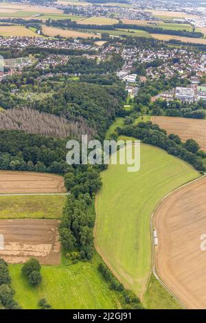 , Aerial view, city view district Hohenheide with meadows and fields and river Löhnbach in Fröndenberg/Ruhr, Ruhr area, North Rhine-Westphalia, German Stock Photo