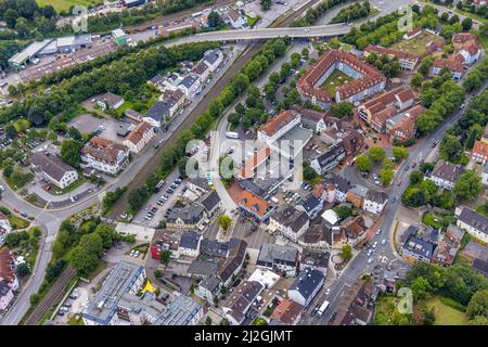 Aerial view, Bruayplatz reconstruction and redesigned market place in Fröndenberg, Fröndenberg/Ruhr, Ruhr area, North Rhine-Westphalia, Germany, DE, E Stock Photo