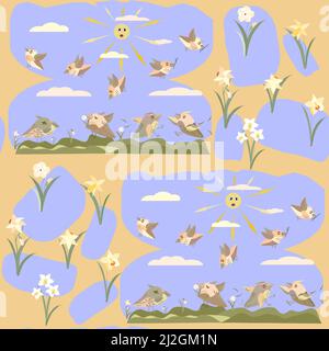 spring flowers daffodils and birds pattern no background Stock Vector