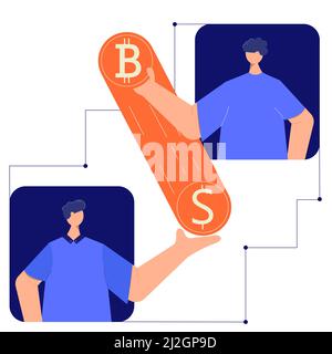 Concept vector illustration for cryptocurrency exchange. Two men give each other crypto currency. Stock Vector