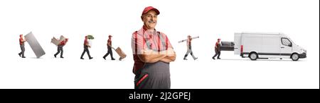 Movers with a van carrying furniture and a mature worker posing in the front isolated on white background Stock Photo