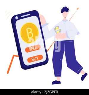 Buy bitcoin illustration. Bitcoin icon on a phone. Crypto currency exchange concept. Vector illustration Stock Vector