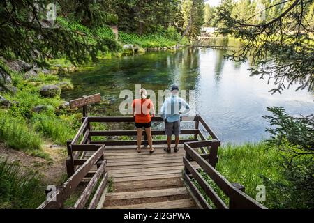 Two people look over Big Spring which produces at least 120 million gallons of water per day bubbling up along this hillside in Idaho. Stock Photo