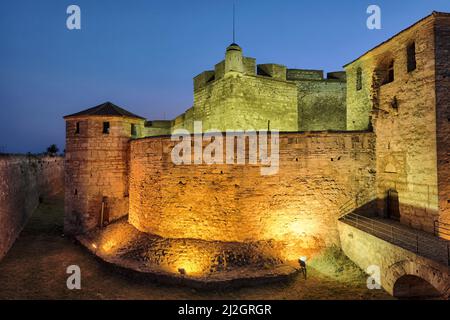 VIDIN, BULGARIA - AUGUST 10, 2017: Baba Vida medieval castle by night, illuminated with colored spotlights Stock Photo