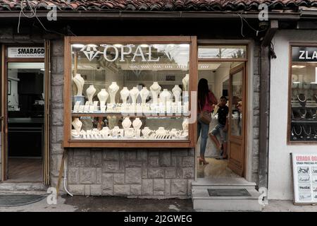 NOVI PAZAR, SERBIA - JULY 25, 2017: dowtown showcase of shop specialise in gold jewellery Stock Photo