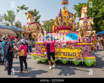 The famous Chiang Mai Flower Festival Parade with flower-decorated floats. Chiang Mai is a major travel destination in northern Thailand. Stock Photo