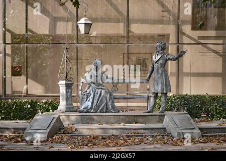 PODGORICA, MONTENEGRO - AUGUST 13, 2017: monument to Alexander Pushkin and Natalia Goncharova, gift of the city of Moscow to the city of Podgorica, Mo Stock Photo