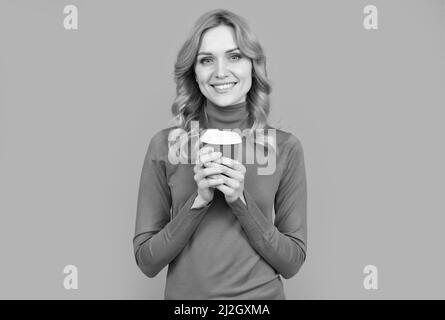 Good vibes. Happy girl hold cup grey background. Good morning. Early breakfast Stock Photo