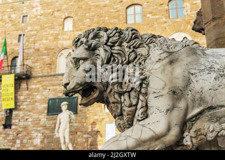 One of the Medici lions with a copy of Michelangelo's Statue of David in the background,, Florence, Tuscany, Italy, Europe Stock Photo