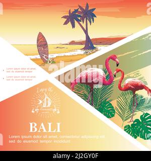 Sketch Bali vacation template with flamingos monstera and palm leaves tropical beach landscape vector illustration Stock Vector