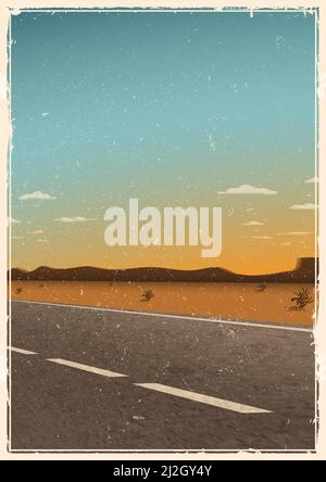 Vintage road poster template, background with asphalt road, desert, mountains and sunset. Grunge texture Stock Vector