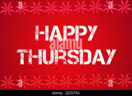 A 3D illustration Happy Thursday text isolated on red background with abstract snowflakes Stock Photo