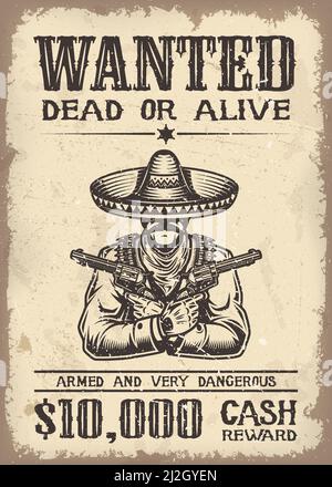 Vitage wild west wanted poster with old paper texture background design vector illustration Stock Vector