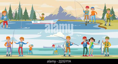 Outdoor activity horizontal banners with people fishing on lake and reporters interview fisherman catching big fish vector illustration Stock Vector