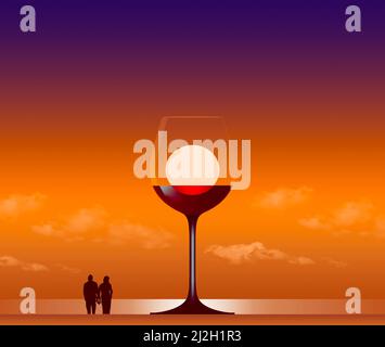 A sunset over the ocean is seen through a glass of red wine in this 3-d illustration. Stock Photo