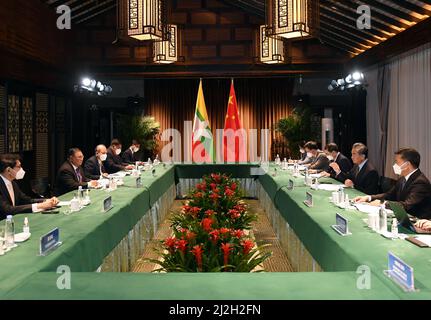 Huangshan, China's Anhui Province. 1st Apr, 2022. Chinese State Councilor and Foreign Minister Wang Yi meets with Myanmar's Foreign Minister U Wunna Maung Lwin in Tunxi, east China's Anhui Province, April 1, 2022. Credit: Zhou Mu/Xinhua/Alamy Live News Stock Photo