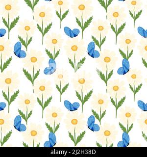 Cute butterfly on chamomile seamless pattern. Summer meadow background. Repeated nature design texture for printing, fabric, wrapping paper, fashion, Stock Vector