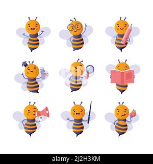 Back to school set with cute cartoon bee. Vector illustration of smart bee students in graduation cap or glasses studying with book and pencil, insect Stock Vector