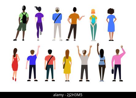 Back view of people in casual clothes vector illustrations set. Men and women standing, waving, watching concert or show from behind isolated on white Stock Vector