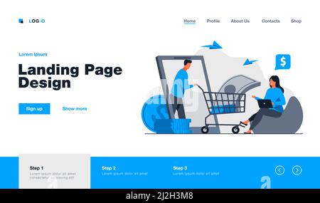 Bank customer getting loan online. Man wheeling cart with cash from gadget screen to woman flat vector illustration. Finance, money concept for banner Stock Vector
