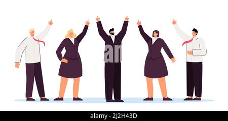 Business team and executive showing upward direction. Flat vector illustration. Group of people in suits achieving goals together, pointing fingers up Stock Vector