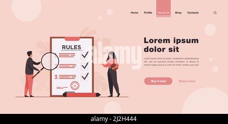 Business people studying list of rules, reading guidance, making checklist. Vector illustration for company order, restrictions, law, regulations conc Stock Vector