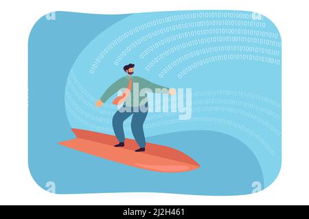 Businessman surfing on digital wave. Flat vector illustration. Person exploring virtual reality full of binary numbers and codes. Surfing, challenge, Stock Vector