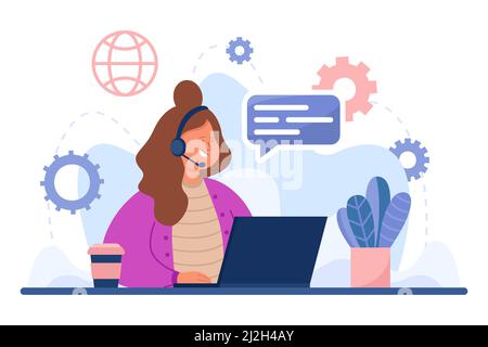 Call center manager taking calls. Flat vector illustration. Support service operator answering questions of customers, sitting in front of laptop with Stock Vector