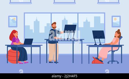 Cartoon employees working at computers in office open space. Women sitting at desks, man standing flat vector illustration. Furniture, workplace conce Stock Vector