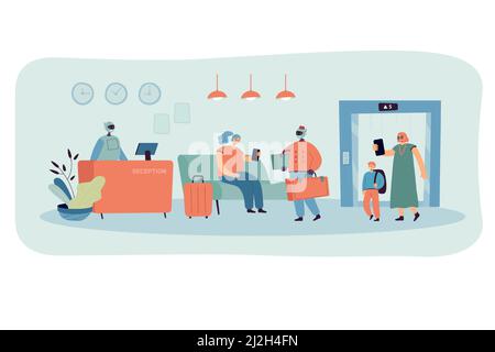 Cartoon hotel lobby interior and robotic staff. Flat vector illustration. Robotic reception and desk clerks helping guests, carrying bags, suitcases. Stock Vector