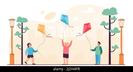 Cartoon kids holding flying kites in city park. Flat vector illustration. Little girls and boy having fun, playing, enjoying the wind and fresh air. G Stock Vector